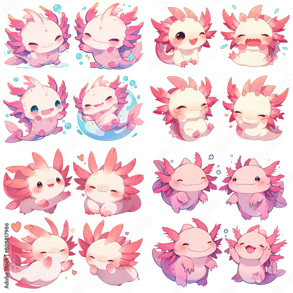 funny axolotl character in different poses set emotes stickers cute kawaii adorable kids children pastel colors logo emoji