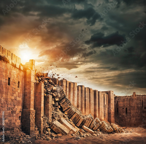 Destruction of Jericho. Crumbling medieval castle fort walls. Biblical Catastrophe Unveiled: Detailed Interpretation of the Iconic Collapse of Jericho's Defenses. walls of Jericho collapsing