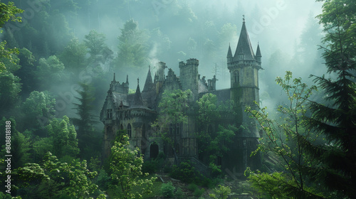 Enchanting fairy tale castle in misty forest at sunrise