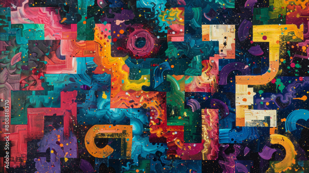 Fototapeta premium Abstract painting of intricate thoughts in a colorful maze symbolizing overthinking.
