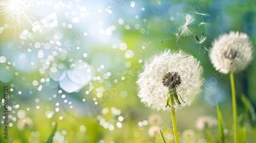 Dandelion seeds on green meadow with bokeh background