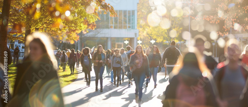 A bustling college campus in autumn, students immersed in a vibrant flurry of back-to-school activity. photo