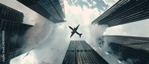 An airplane skims between skyscrapers, encapsulating the exhilarating pulse of city life.