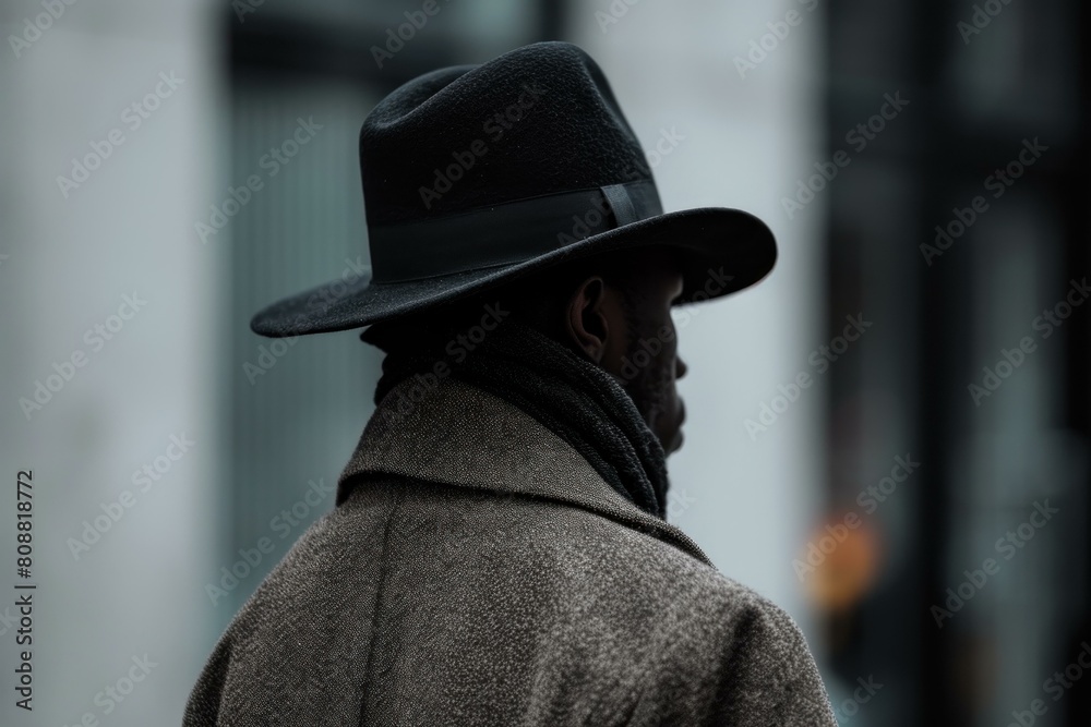 Profile view of an unrecognizable man wearing a fedora and overcoat in a city setting Profile view of an unrecognizable man wearing a fedora and overcoat in a city setting
