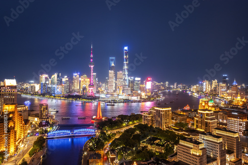 Shanghai Skyline Illuminated at Night with Vibrant Lights © 昊 周
