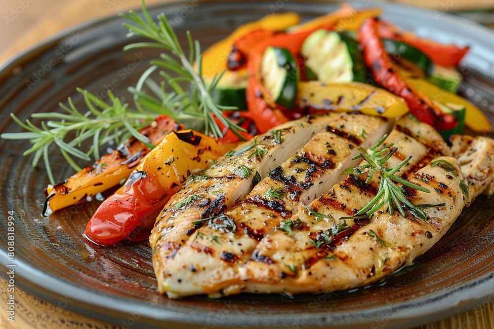 Grilled Chicken and Vegetables on Wooden Table Grilled Chicken and Vegetables on Wooden Table