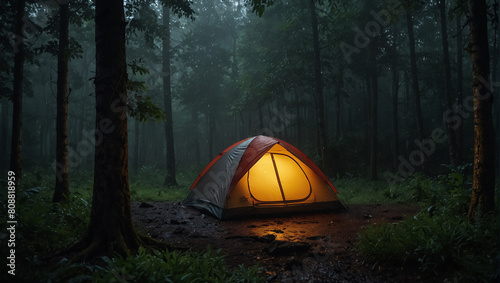 dimly lit tent sits on a wooden platform 