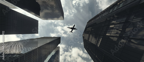 An airplane soars between towering skyscrapers, capturing a moment of harmony between technology and urbanism.