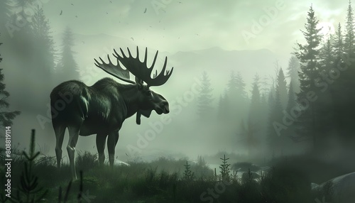 Majestic Moose in a Misty Forest photo