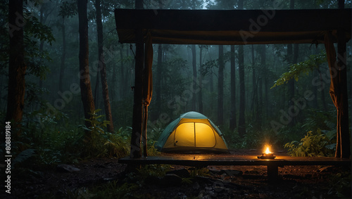 dimly lit tent sits on a wooden platform 