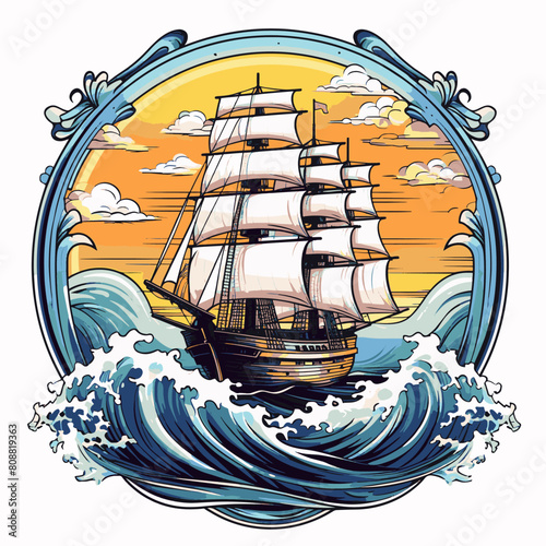 A stylish nautical sailboat or frigate for sailing and yachting. Clothing template for yacht club.