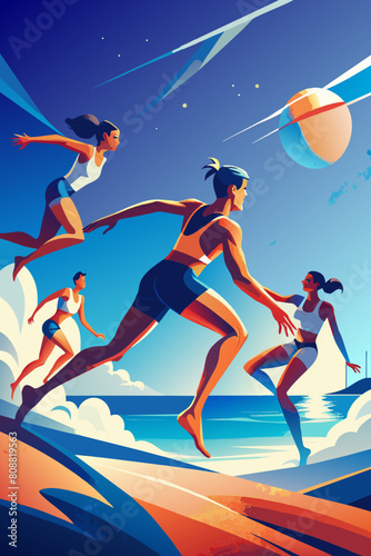 Dynamic Beach Volleyball Match at Sunset Illustration