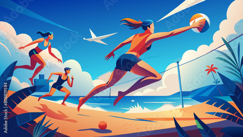 Vibrant Beach Volleyball Game in Tropical Summer Setting © Oksa Art