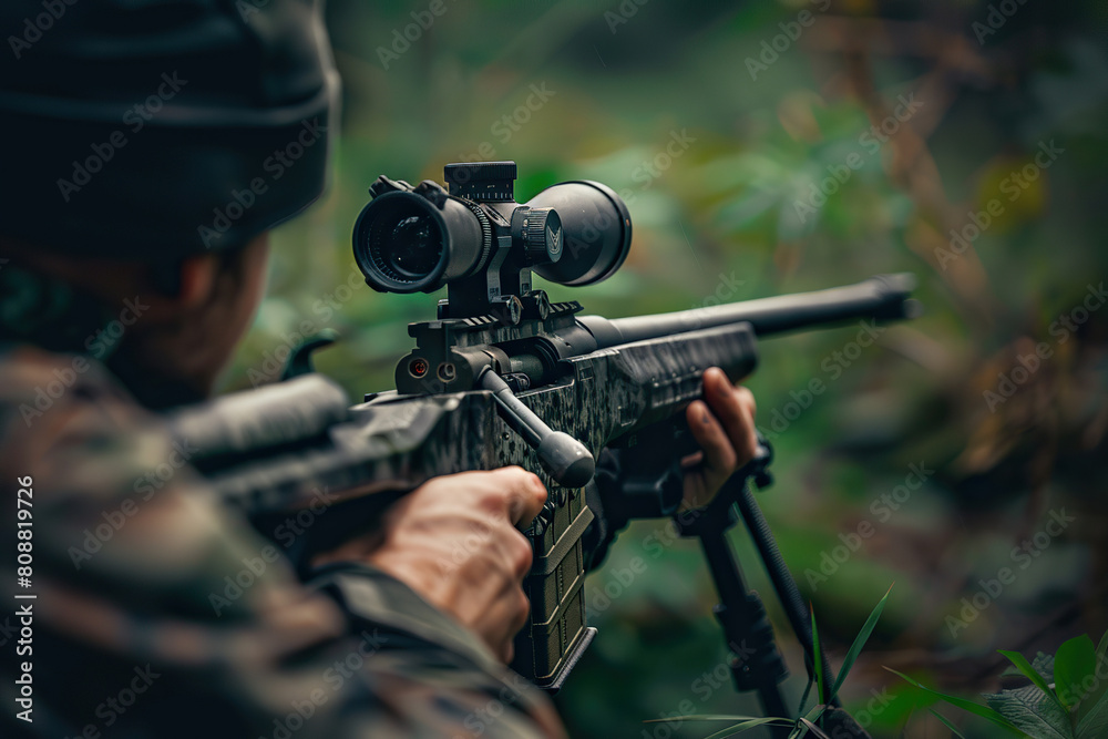 Generative ai on theme of a man aims through the optical sight of sniper rifle to hit the target Generative ai on theme of a man aims through the optical sight of sniper rifle to hit the target