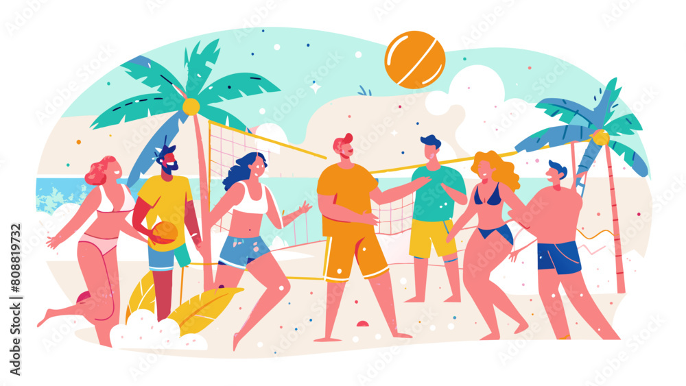 Vibrant Beach Volleyball Game with Joyful Players and Tropical Backdrop