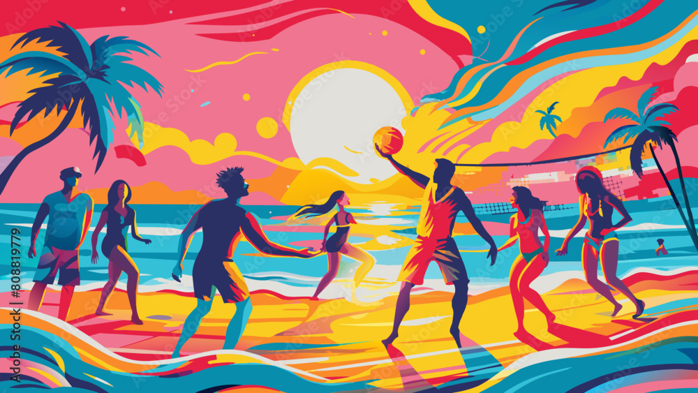 Vibrant Beach Volleyball Game at Sunset with Tropical Palms