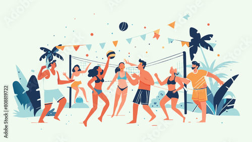 Tropical Beach Volleyball Fun with Joyful Friends Gathering