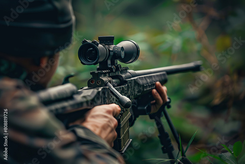 Generative ai on theme of a man aims through the optical sight of sniper rifle to hit the target