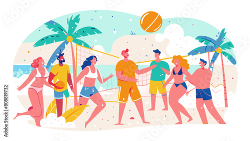 Vibrant Beach Volleyball Game with Joyful Players and Tropical Backdrop
