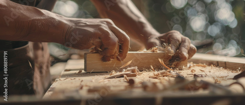 Concentrated craftsman shaping wood by hand, highlighting traditional carpentry skills. photo