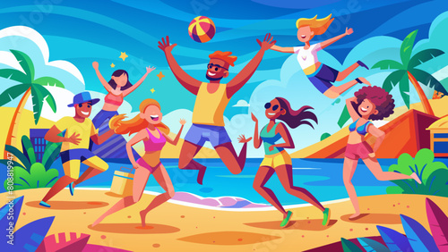 Vibrant Beach Party Scene with Happy Animated Characters