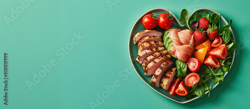 Heart-shaped plate with healthy food on a green background. Healthy Eating. Baner, place for text. photo