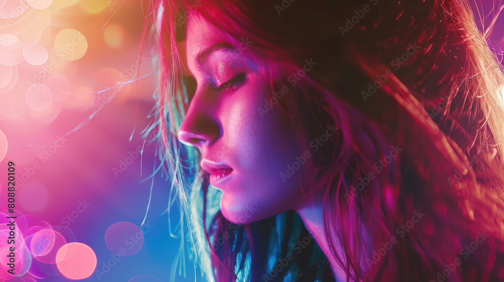 Beautiful young party woman face with various colors and  lights with deep house music night blend gradient colorful background  created with Generative AI Technology