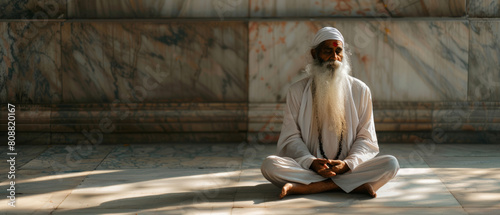 Serene yogi meditates in sunlit temple, embodying peace. photo