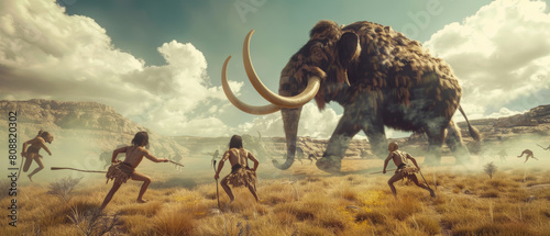 Primal hunters engage a mammoth under a vast desert sky, survival in the ancient world.