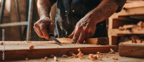 Artisan hands chisel wood shavings in a rustic woodworking workshop.