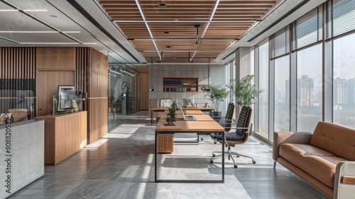 Spacious and bright modern office featuring wooden accents and large windows offering panoramic views of the cityscape.