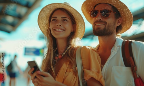 Cheerful couple travelers at airport