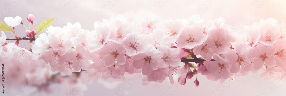 Fototapeta premium Spring flower abstract pastel pink sakura banner with frame of tender pink flower blossom patterns symbolized beauty, femininity mockup, may, colorful mother's day transparent background copy space