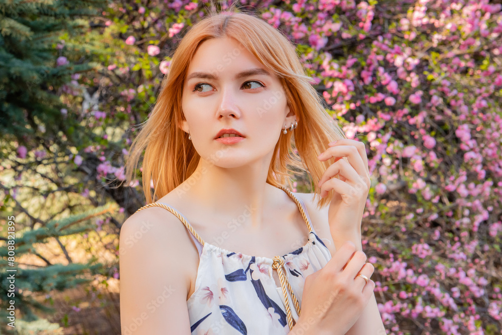 Portrait of a young attractive woman posing against the background of blooming sakura flowers. Portrait of a young attractive woman posing against the background of blooming sakura flowers.