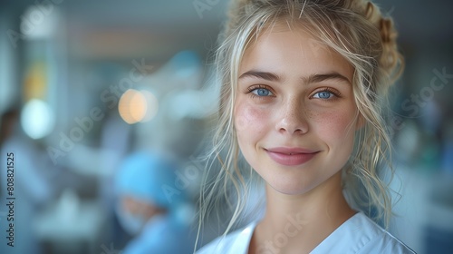 A woman with brown hair, electric blue eyes, and a big smile in a lab coat