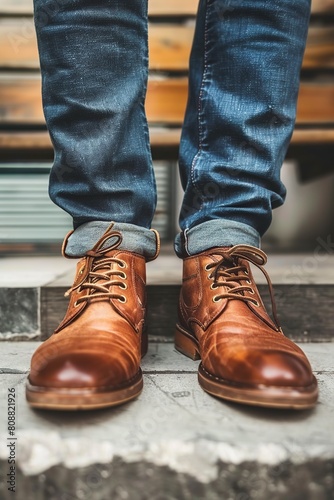 Person Standing on Wooden Floor Wearing Brown Shoes