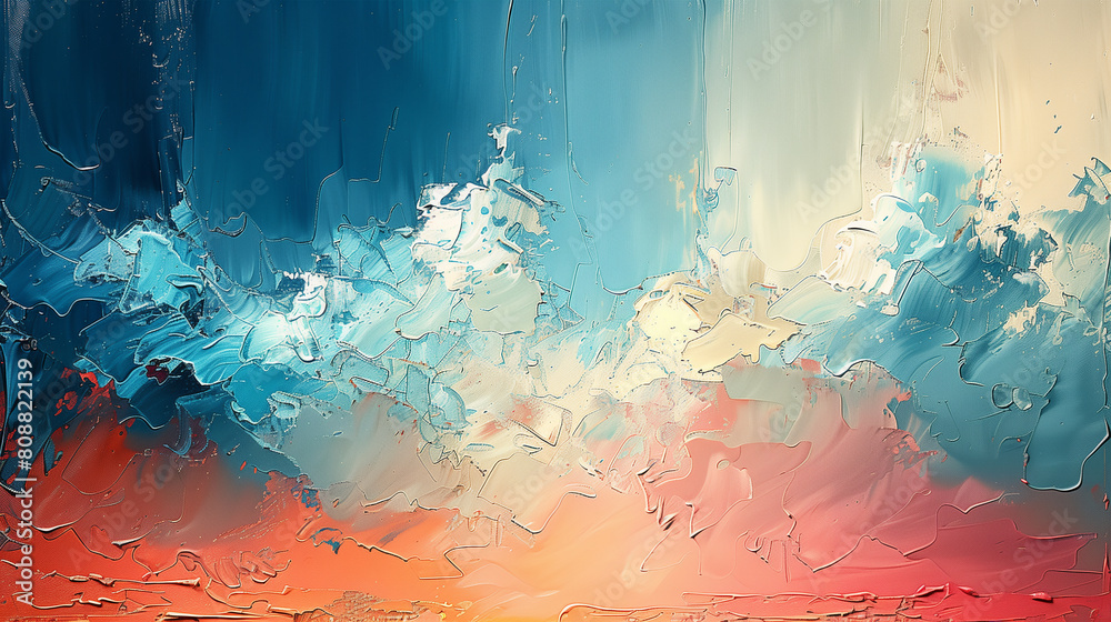 an abstract dynamic cloudy sky background, a vibrant, abstract painting that resembles a turbulent cloud formation, with bold strokes of blue, white, red, and turquoise