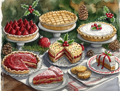 A table with a variety of pies and cakes, including a red pie with a cherry on top