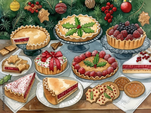 A table full of different types of pies and pastries, including a red pie with a white crust and a blueberry pie