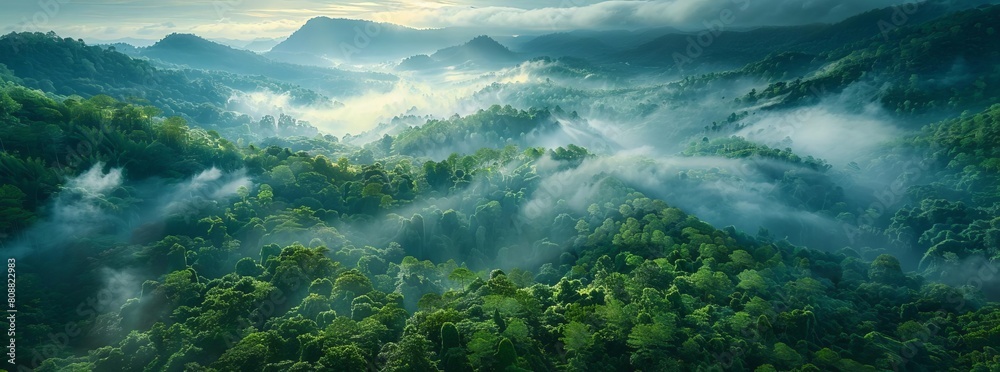 Top view Landscape of Morning Mist with Mountain Layer at north of Thailand mountain ridge and clouds in rural jungle bush forest