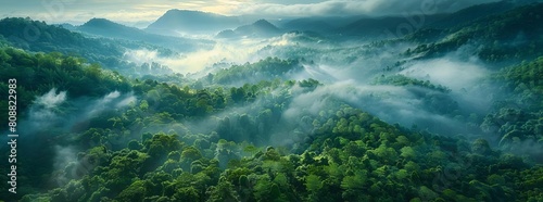 Top view Landscape of Morning Mist with Mountain Layer at north of Thailand mountain ridge and clouds in rural jungle bush forest ©  Green Creator