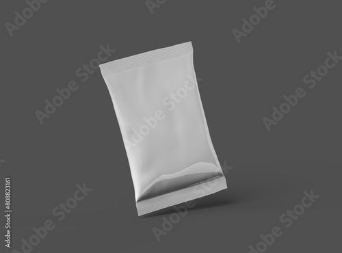 Realistic 3d rendered package for food snack, chips, cookies, peanuts, candy on a dark background