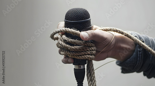 Hand with microphone tied with rope, depicting the idea of freedom of the press, idea of the repression of the mass media or freedom of expression photo