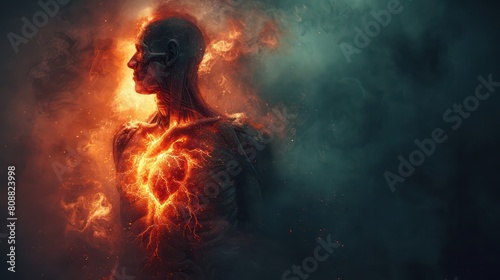 A human chest with an exploding heart inside, medical illustration, the image is dark and sad with dark colors.