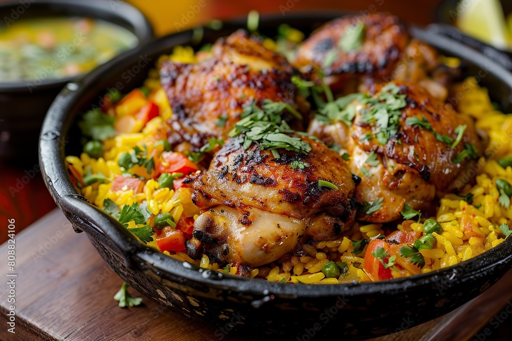 Close-Up of a Bowl of Peruvian Arroz Con Pollo on a Table Close-Up of a Bowl of Peruvian Arroz Con Pollo on a Table