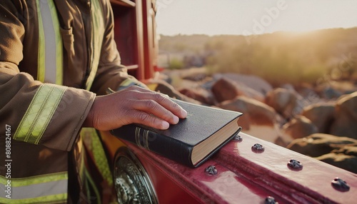 A Firefighter with the Bible. Firefighter has a Book.  photo