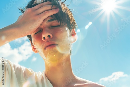 炎天下の暑さで熱中症になりそうな日本人男性（真夏日・猛暑・脱水・日射病・酷暑・残暑） photo