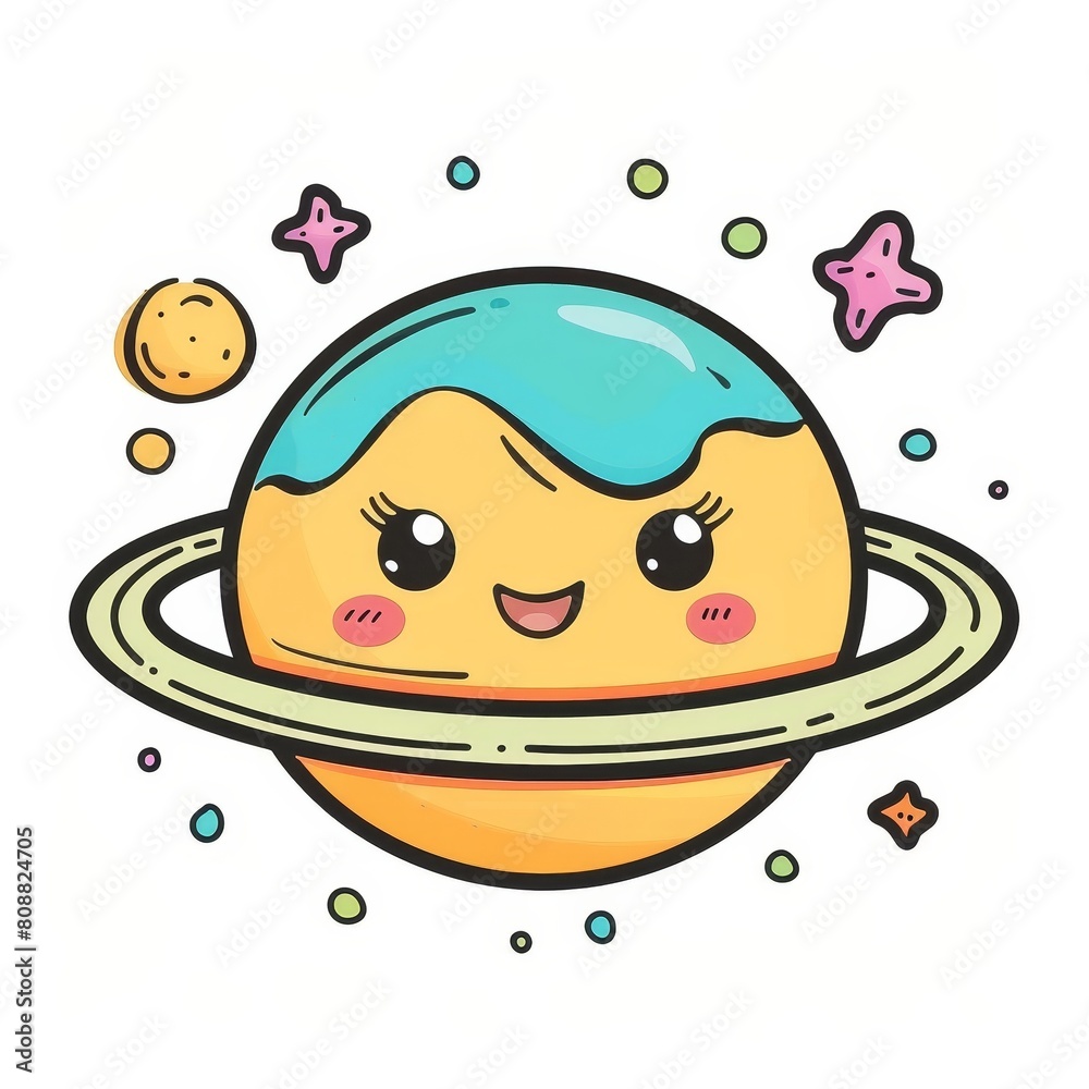 A cartoon drawing of a smiling planet with a blue and yellow frosting on it A cartoon drawing of a smiling planet with a blue and yellow frosting on it
