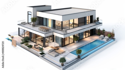 3d rendering of modern house by the river at morning, house, luxury, villa, modern, architecture, building, exterior, residential, property, designer