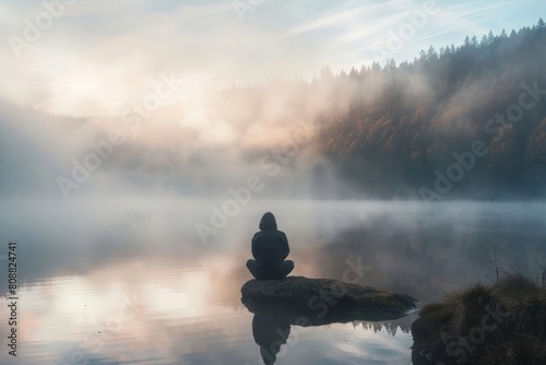 A person contemplative moment by a foggy lake at sunrise, with the serene environment reflecting their inner peace